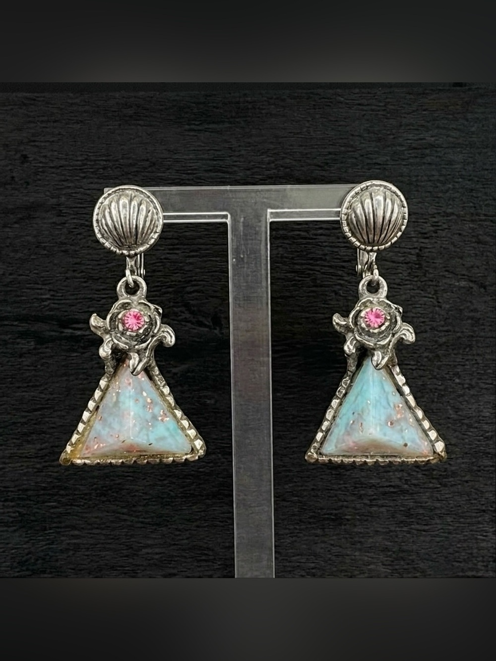 Vintage 80s Flower Blue Pink Glitter Resin Pyramid Silver Tone Screw On Earrings
